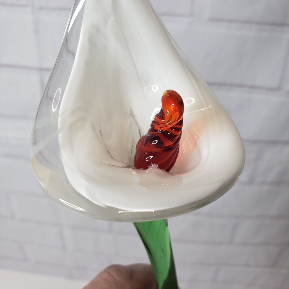 Beautiful Hand Blown Art Glass White Lily Flower Sculpture 14" Lamp Work